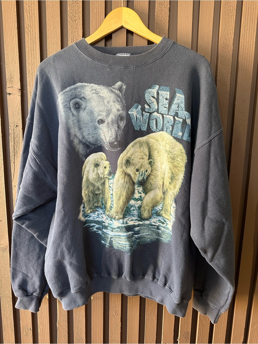 Vintage 90's Sea World Polar Bear Blue Sun Faded Large Sweatshirt Polar Bear L